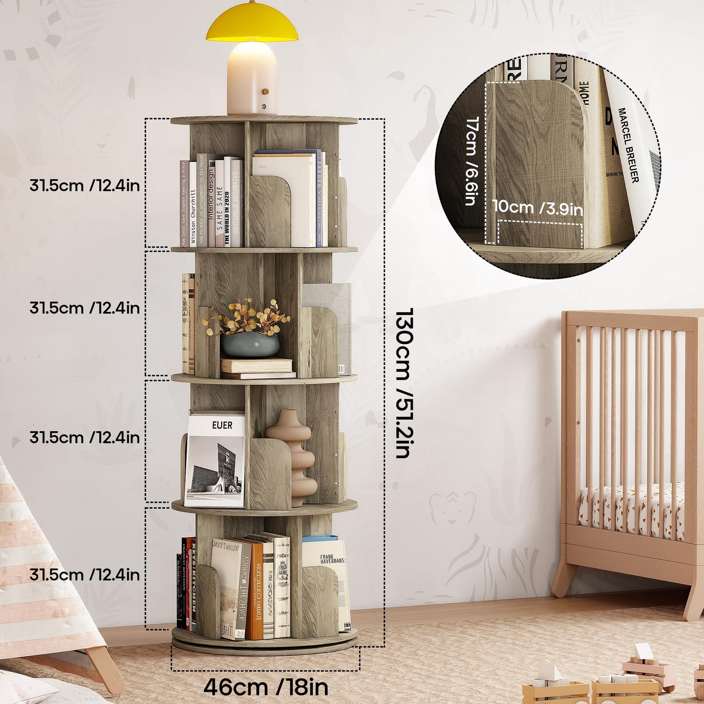 Quikraen 4-Tier Rotating Bookshelf，360° Rotating Storage Rack，Oak Color