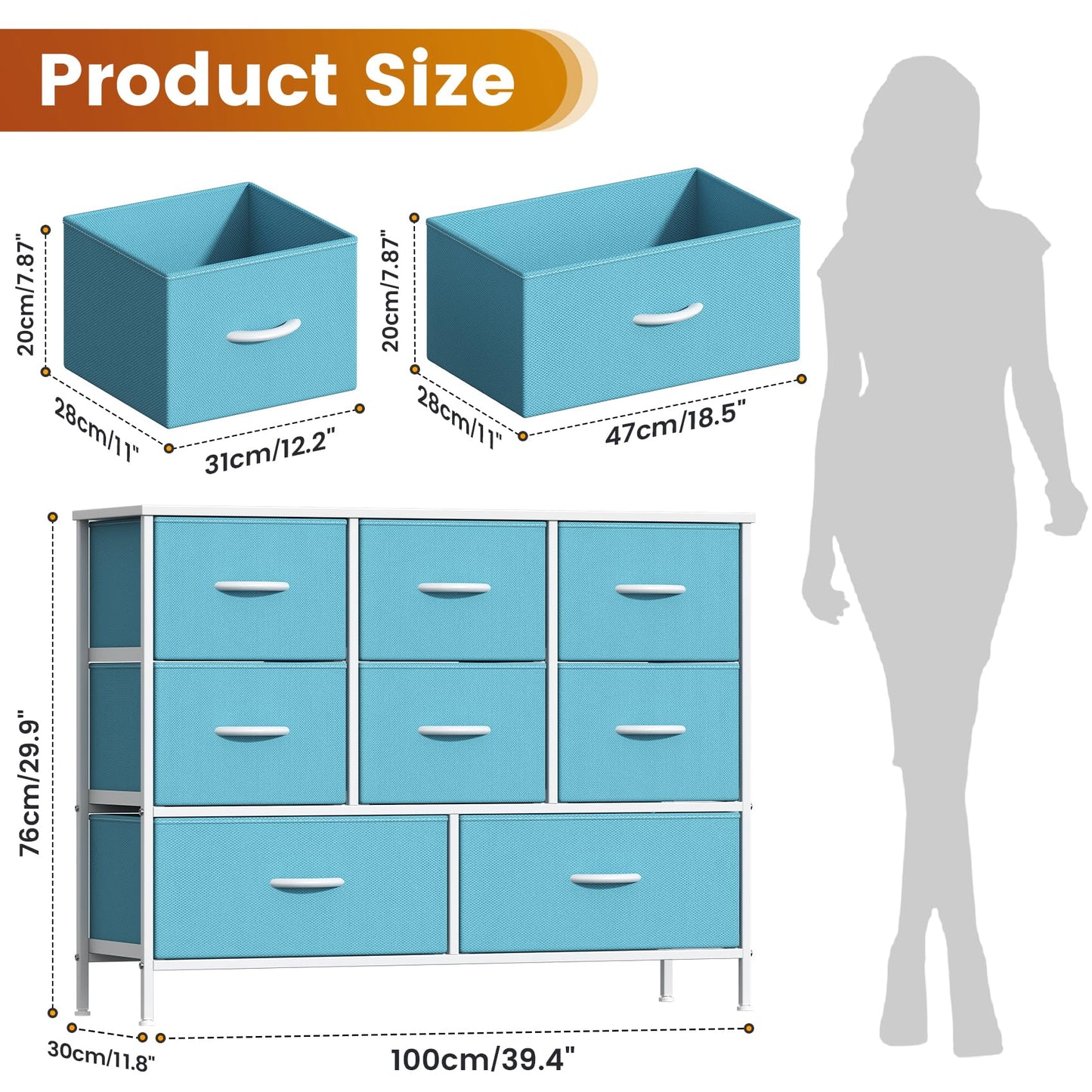 Feonase Chest of Drawers, Bedroom Dresser with 8 Fabric Drawers, Metal Frame & MDF Wood Top, Adjustable Feet, Storage Organizer Unit for Bedroom
