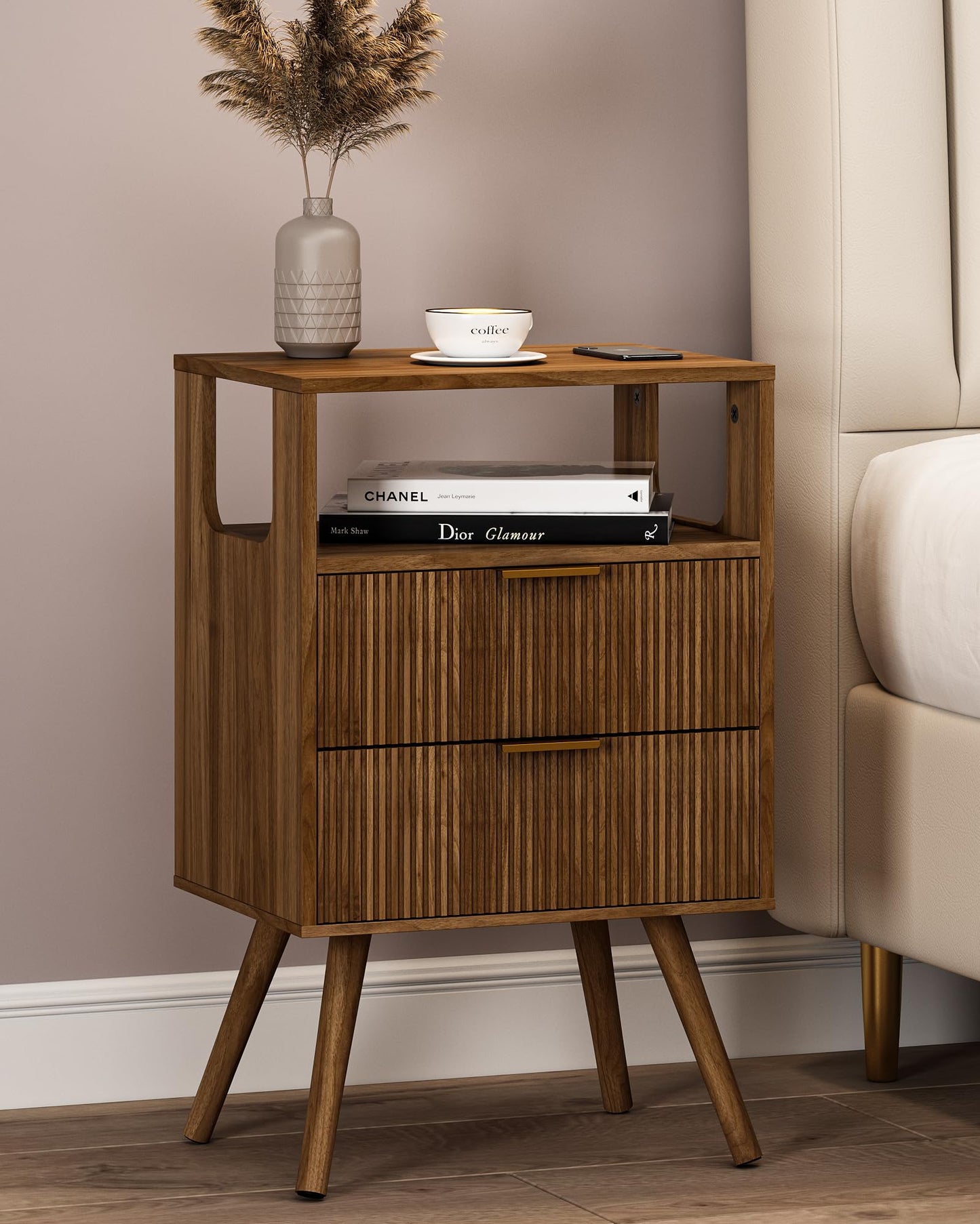 JERX Wooden Bedside Table, Nightstand with 2 Storage Drawer and Open Shelf Modern Bedside Cabinet for Bedroom,Walnut Brown