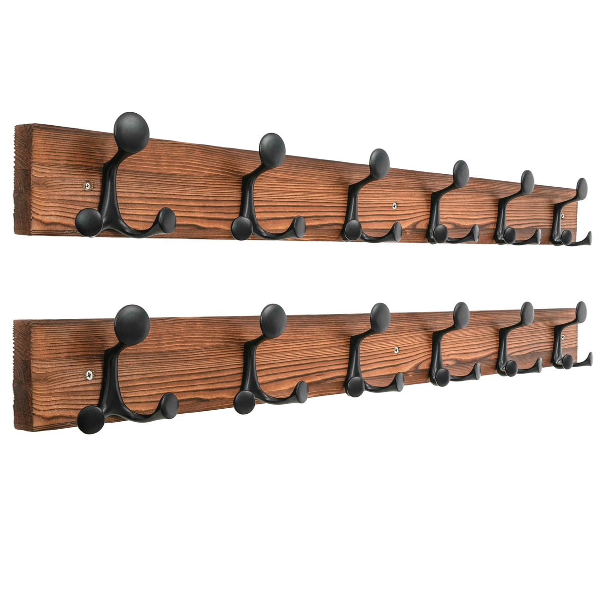 HONSKY Wall Mounted Coat Rack, 91cm BrownPine Wood Base, 6 Black Sturdy Aluminium Alloy Triple Hooks18 Hanging Points