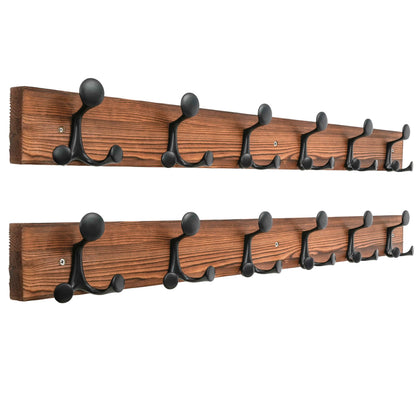 HONSKY Wall Mounted Coat Rack, 91cm BrownPine Wood Base, 6 Black Sturdy Aluminium Alloy Triple Hooks18 Hanging Points