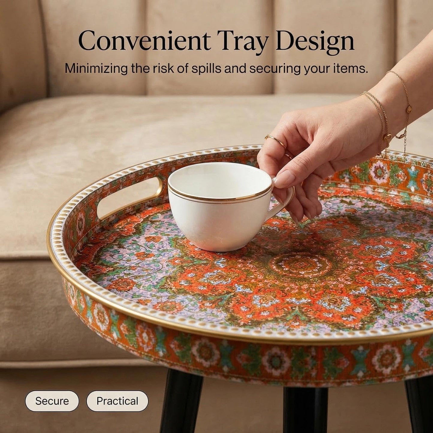 Simmer Stone Round Indoor Side Tables with Detachable Wooden 3 Legs, Versatile Tray Table, Perfect For Round Coffee Table Tea