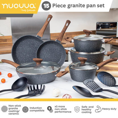 Non Stick Pots and Pans Set  Induction Hob Pots Set  15pcs Kitchen Cookware with Lids  Cooking Marble Saucepan Pots - by Nuovva