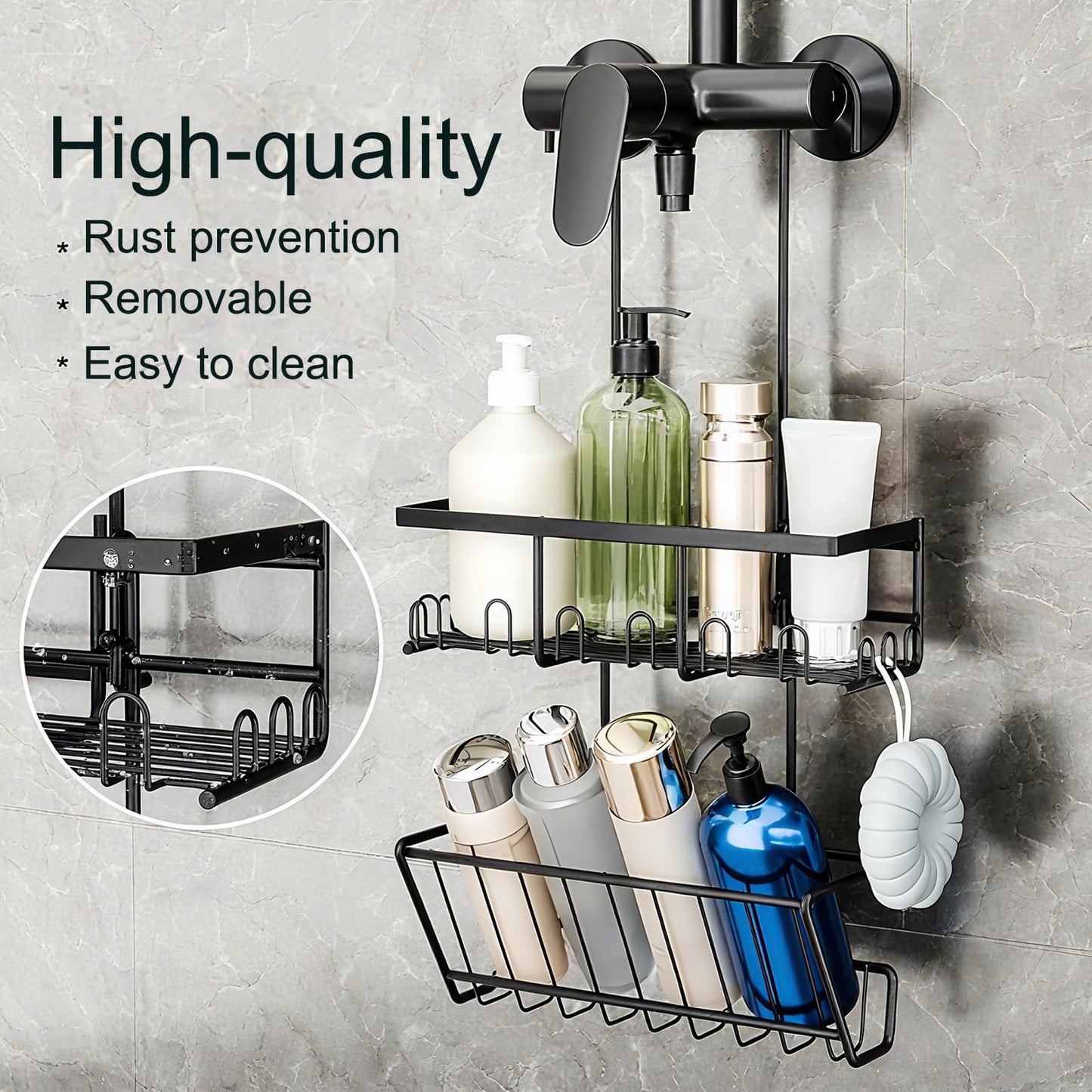 RUIHANDA 2-Tier Shower Caddy Hanging, Shower Caddy No Drilling, Black