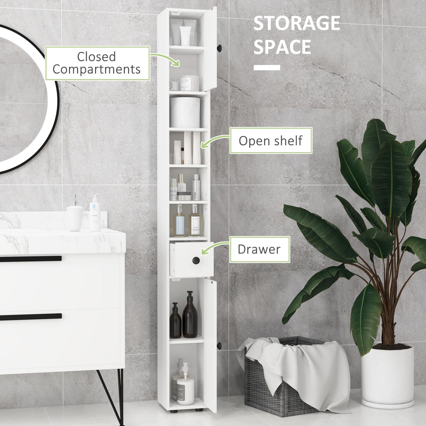 kleankin 180cm Tall Bathroom Cabinet, Slim, 4 Open Shelves, White