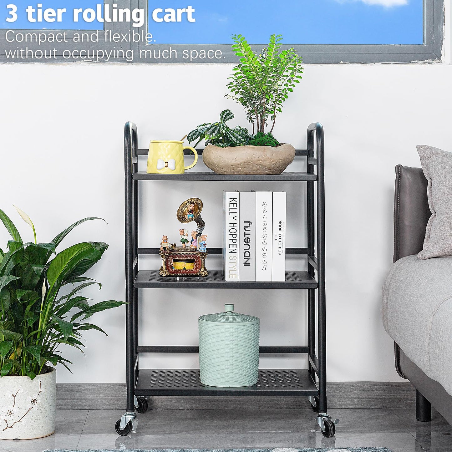 HDANI Serving Trolley,3-Tier Metal Trolley,Black,48x30x75cm Mesh