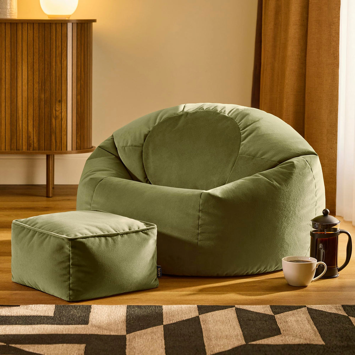 icon Kingston Velvet Bean Bag & Footstool with Filling Included, Green