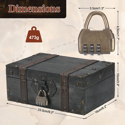 Pirate Treasure Chest, Wooden Treasure Chest with Lock, 23.5x16x10cm