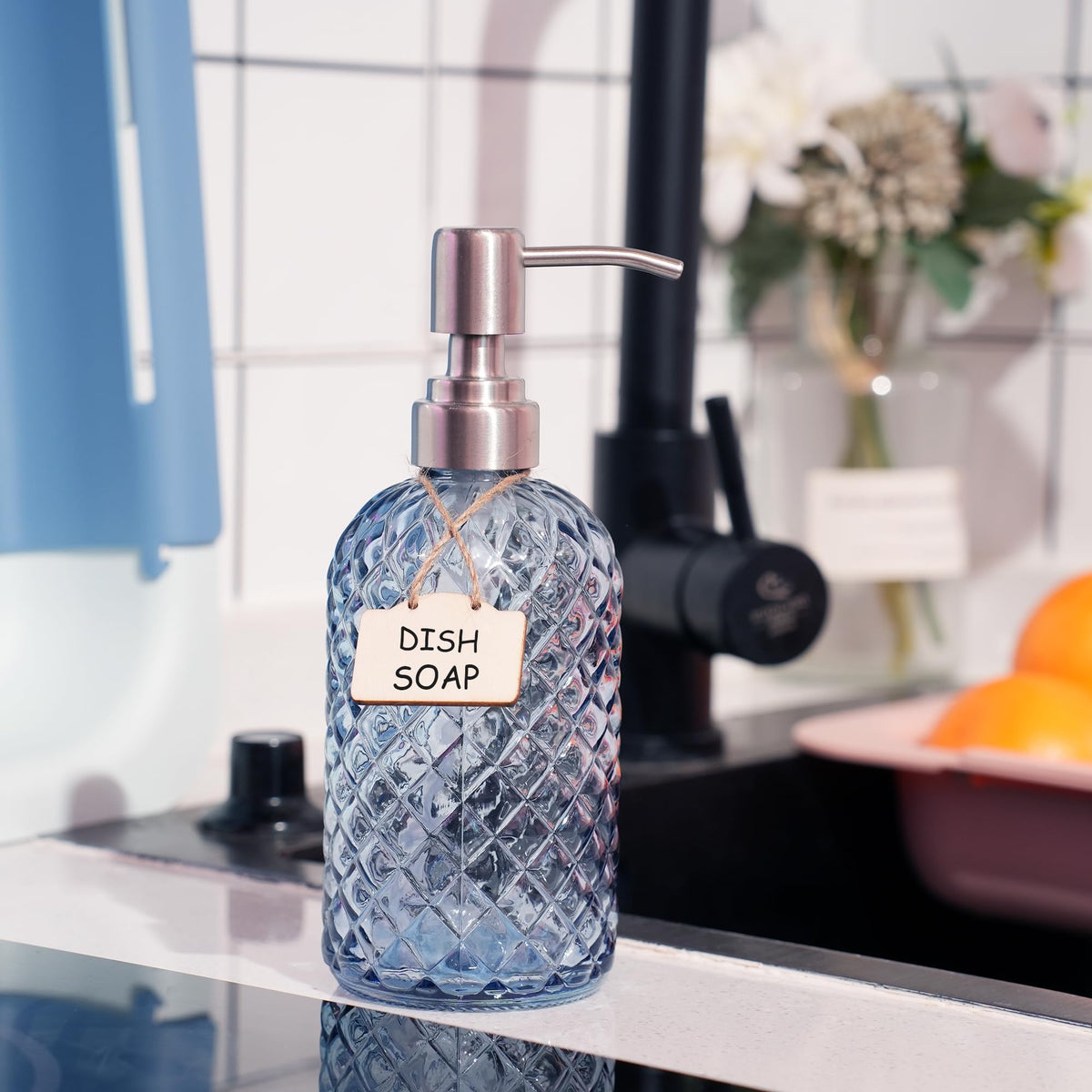 Funly mee Bathroom & Kitchen Glass Hand and Dish Soap Dispenser with 304 Rustproof Stainless Steel Pump Blue