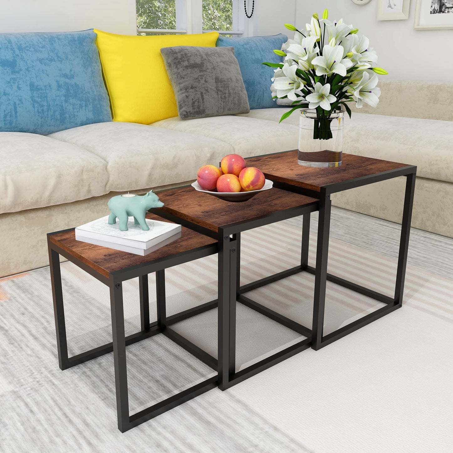 HAHRIR Nesting Coffee Table Set of 3, Stacking Metal Side Tables, Brown