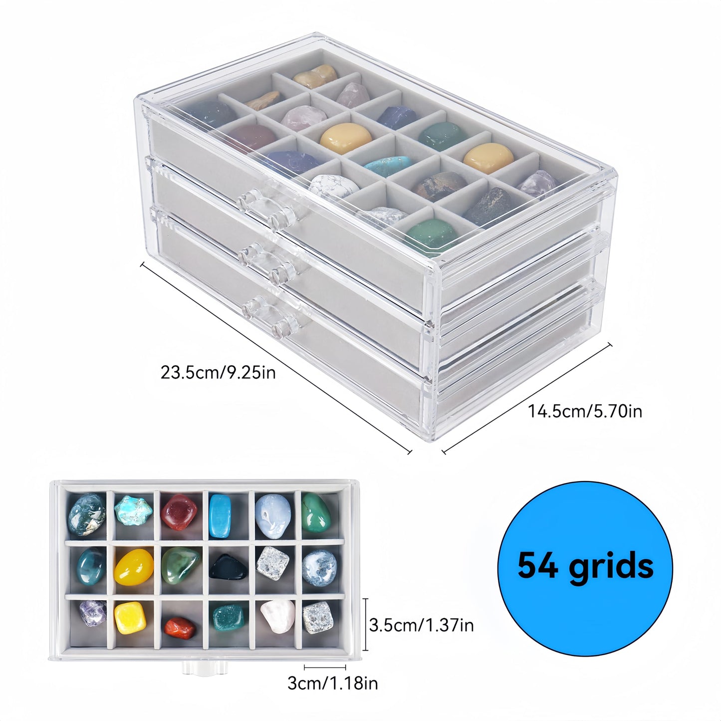 Dmnnlp Rock Display Case, 3 Drawers 54 Grids Rock Collection Box, Storage Cases for Gemstone Fossil Crystal Stone Jewellery (Grey)
