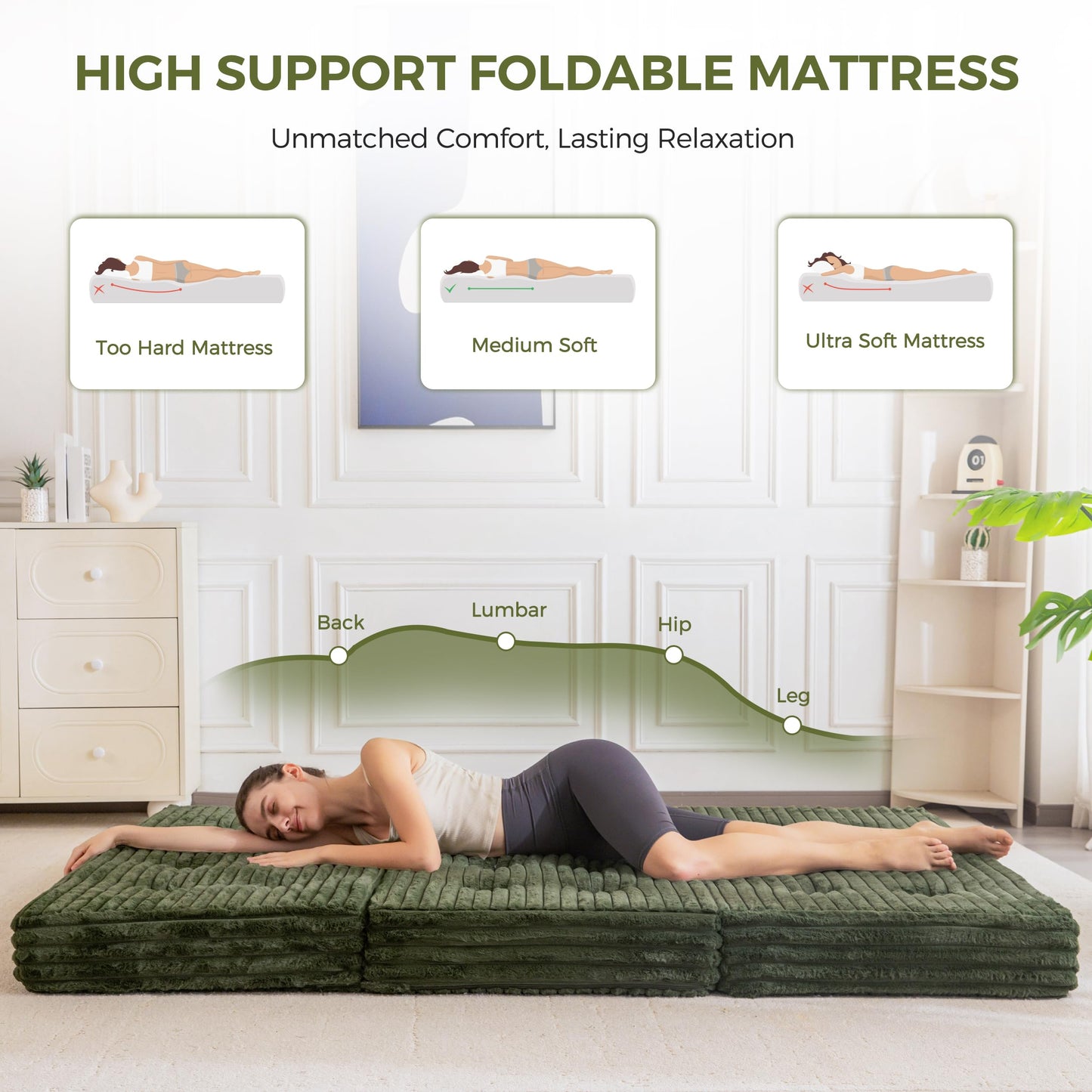 MAXYOYO Folding Mattress Single, 15cm Upholstered Foldable Mattress with Premium Faux Fur Fabric, Tri-Fold Floor Futon Sofa Bed for Living Room/Guest