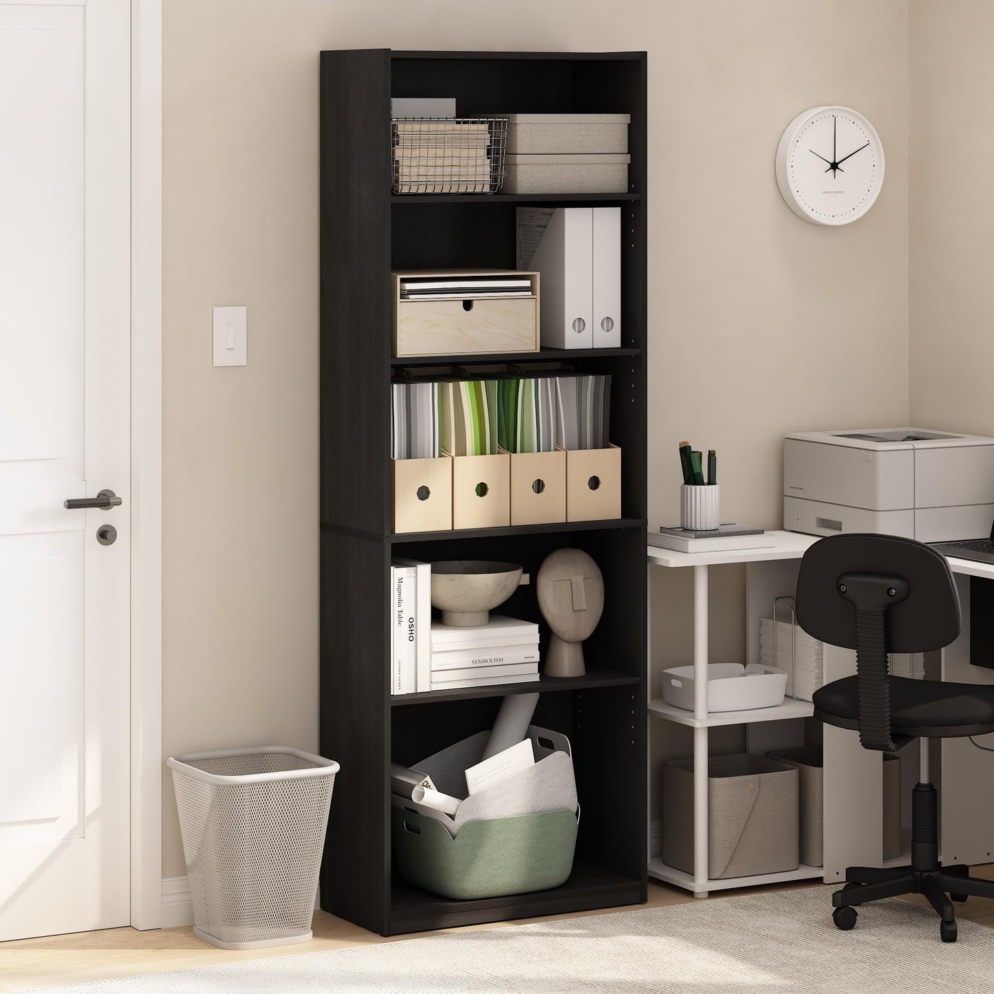 Furinno GEHRY Book Shelf, 5-Tier Bookshelf, Bookcase with Adjustable Shelves, 11.6 x 24.8 x 71.4, for Living Room, Bedroom, Home Office, Blackwood