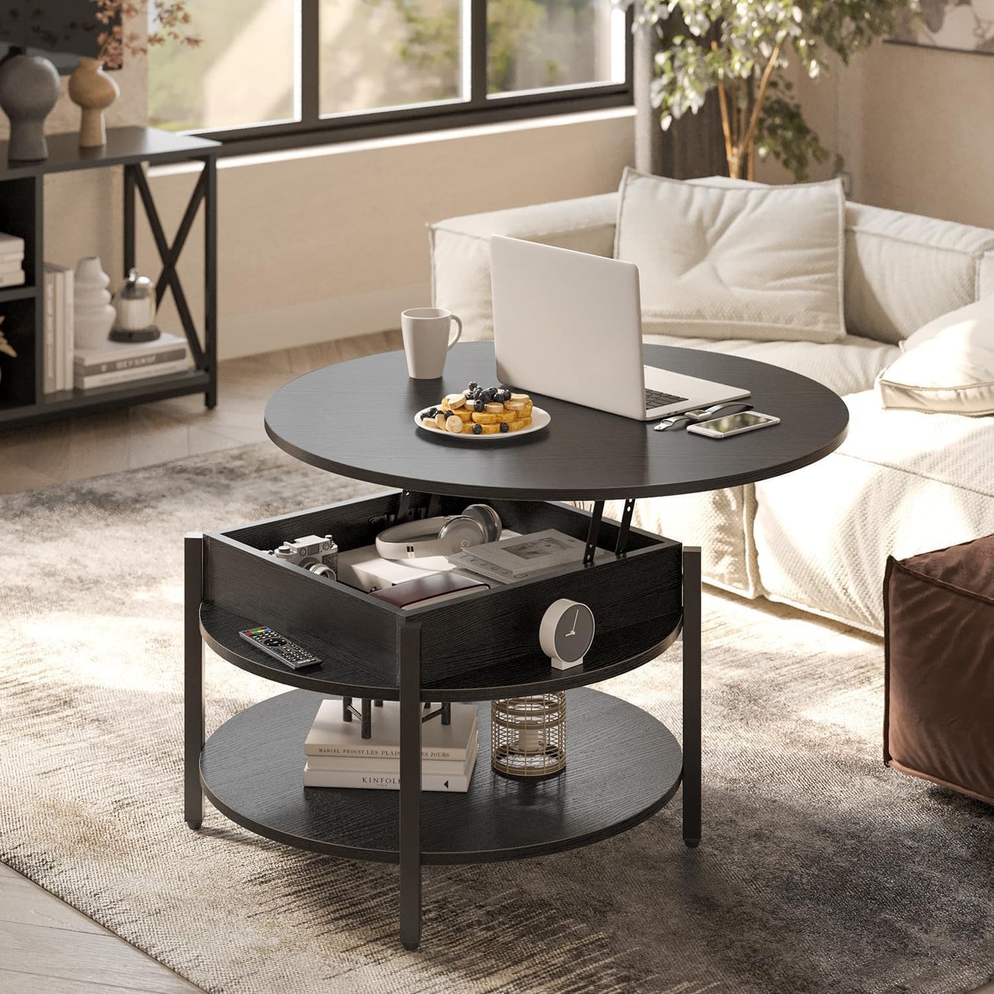 Mossora 68cm Black Round Lift Top Coffee Table with Hidden Storage