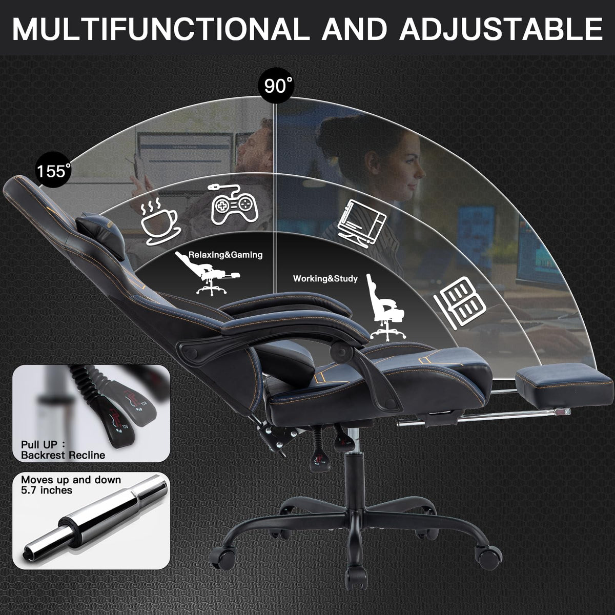 WOTSTA Gaming Chair, Ergonomic Gaming Chair, Computer Chair with Headrest and Lumbar, Racing Computer Chairs, Height Adjustable Rotating PC Chairs