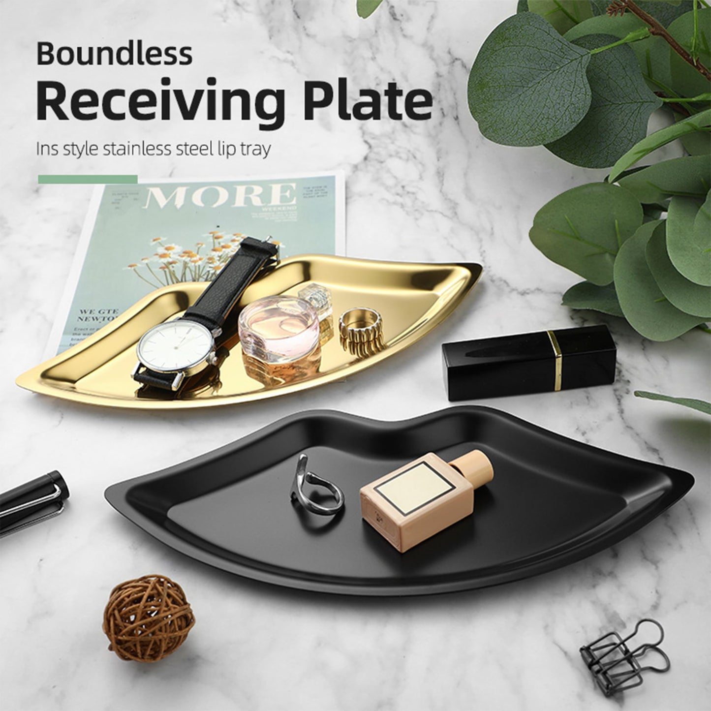 BuerHomie Black Serving Tray, Lip Shape, Stainless Steel, for Trinket Key (silvery)