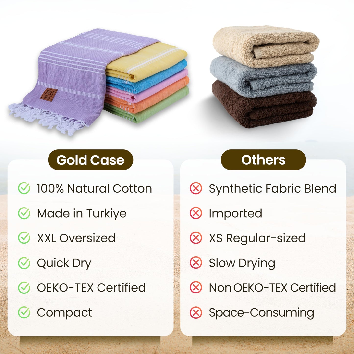 Gold CASE Turkish Beach Towel - Set of 6-100% Cotton - 70x38 inches XXL Oversized - Quick Dry Sand Free Turkish Towel Lightweight Bath Towels