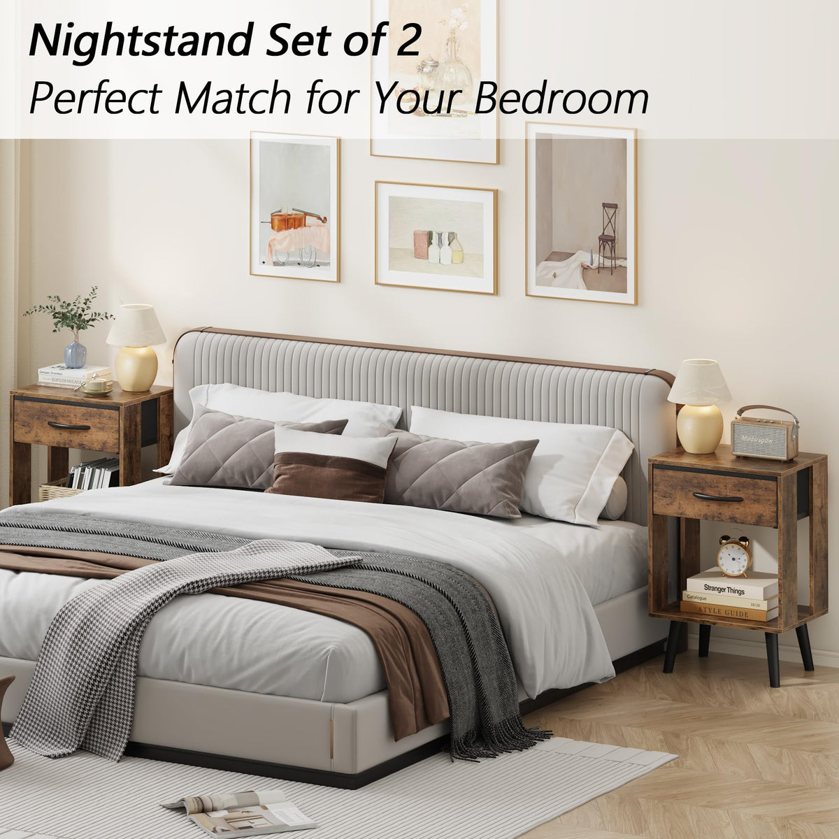 OYRREU Rustic Bedside Table Set of 2 with Drawers & Open Shelf for Bedroom