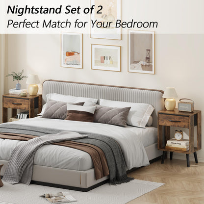 OYRREU Rustic Bedside Table Set of 2 with Drawers & Open Shelf for Bedroom