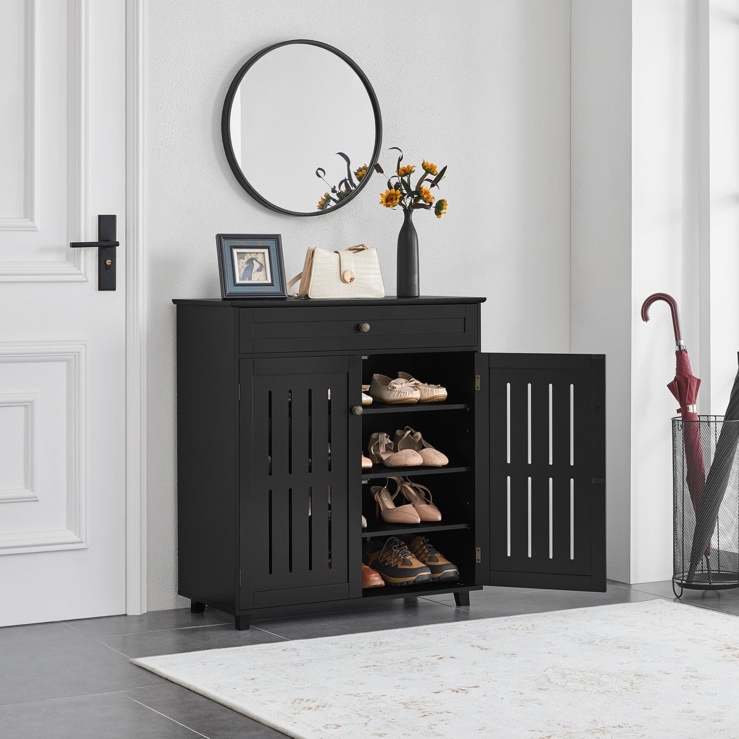 Yaheetech Shoe Cabinet 4-Tier Shoe Storage Organizer with Drawer, Black