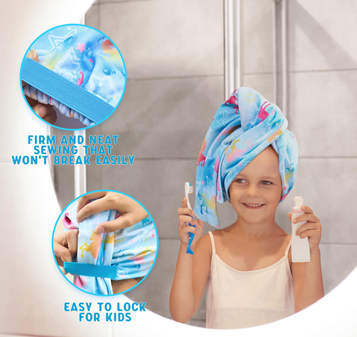 WAWSAM 2 Pack Kids Hair Towel Wrap for Girls, Microfibre Hair Turban Towel Fast Drying, Unicorn Hair Towel Wrap with Elastic Strap for Long Hair