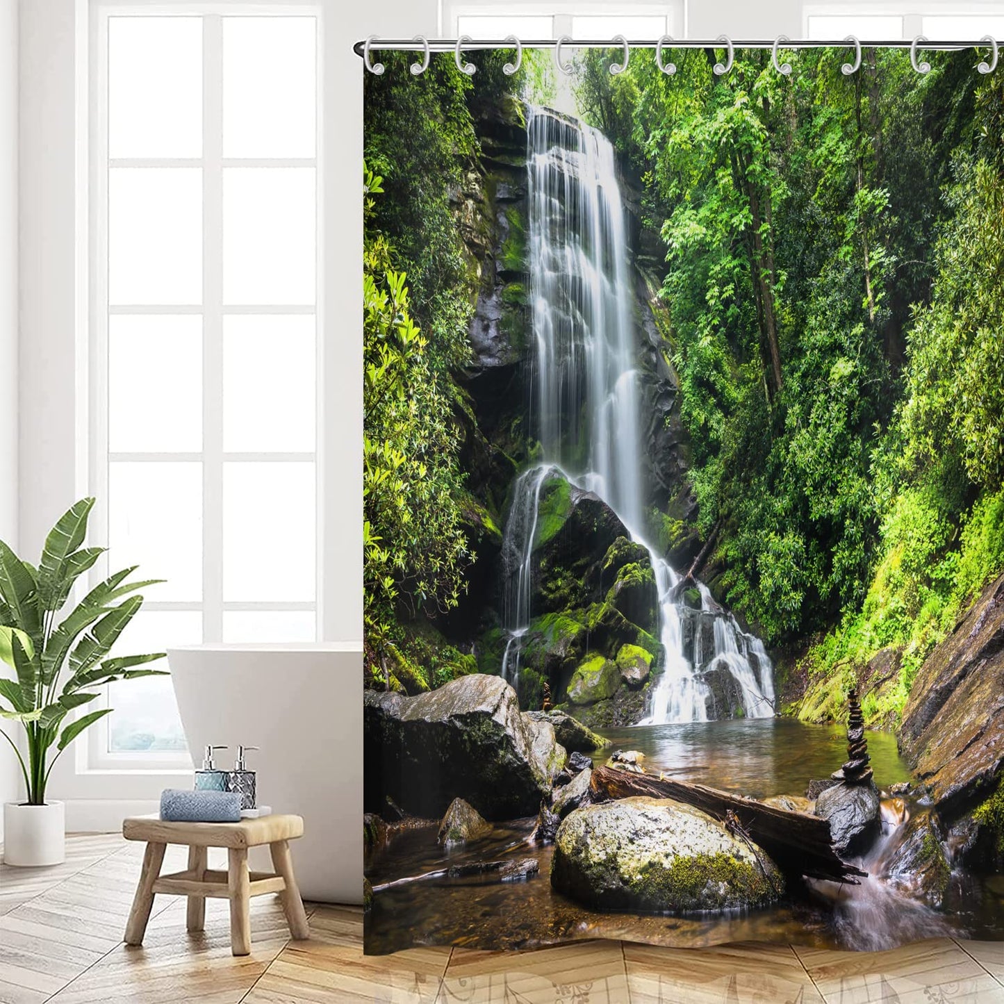 Hnmdmyi Forest Shower Curtain 120x180, Tropical Jungle Rainforest Green Tree Plant Nature Landscape Waterfall Scenery Bathroom Curtains Waterproof