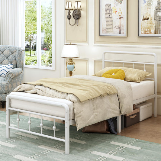EMODA Small Single Bed Frame with Victorian Headboard and Footboard, 2ft6 Single Bed with Ample Storage Space, Heavy Metal Slats Support, Easy