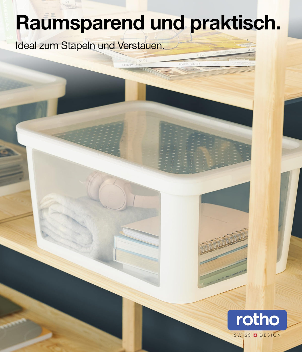 Rotho Albris 45l Storage Box with Lid, Stackable Plastic Bin, White