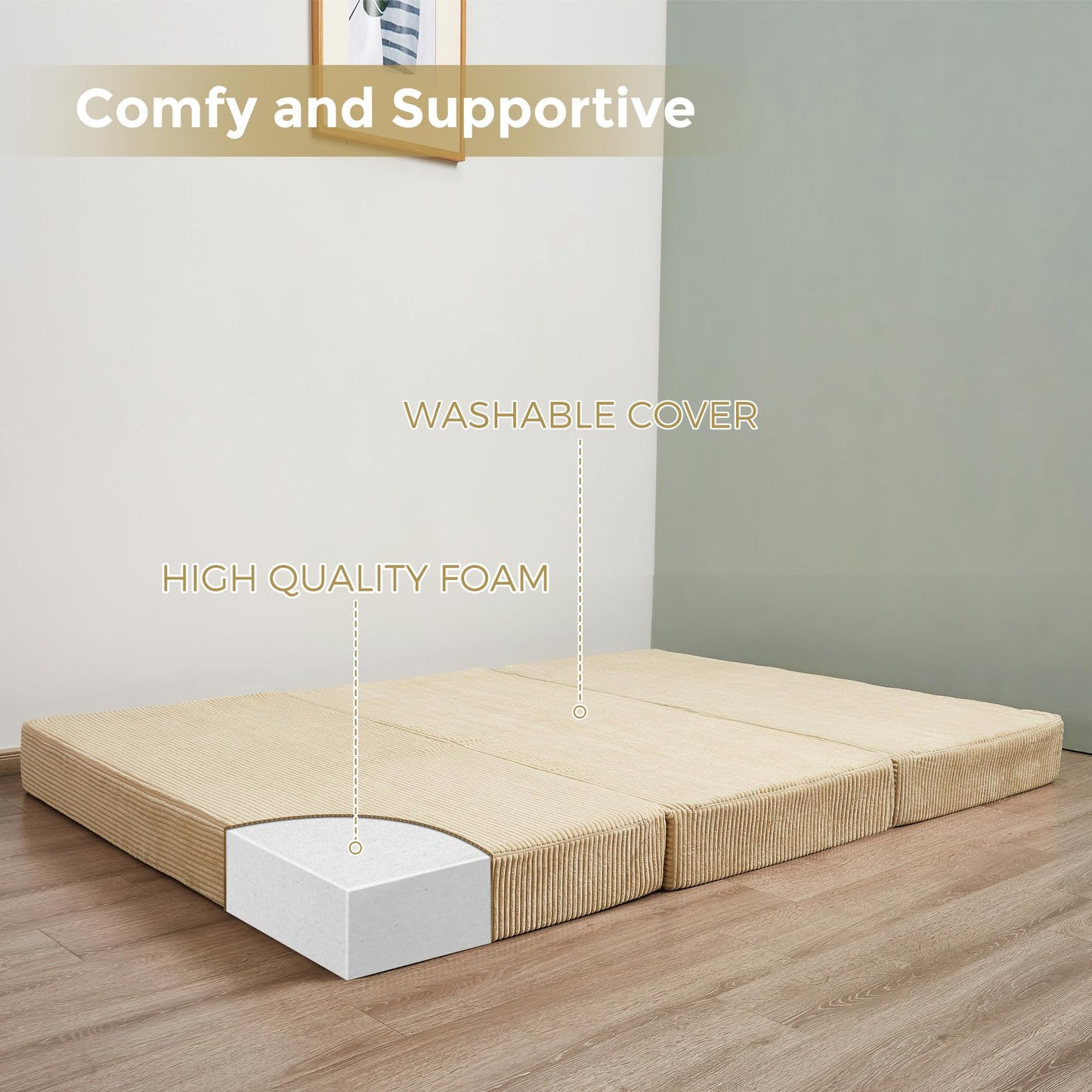 MAXYOYO Folding Corduroy Mattress, Tri Fold Floor Mattress 10cm thick with Washable Cover,Foldable in Three,Space-Saving for Guest (Camel, Double)