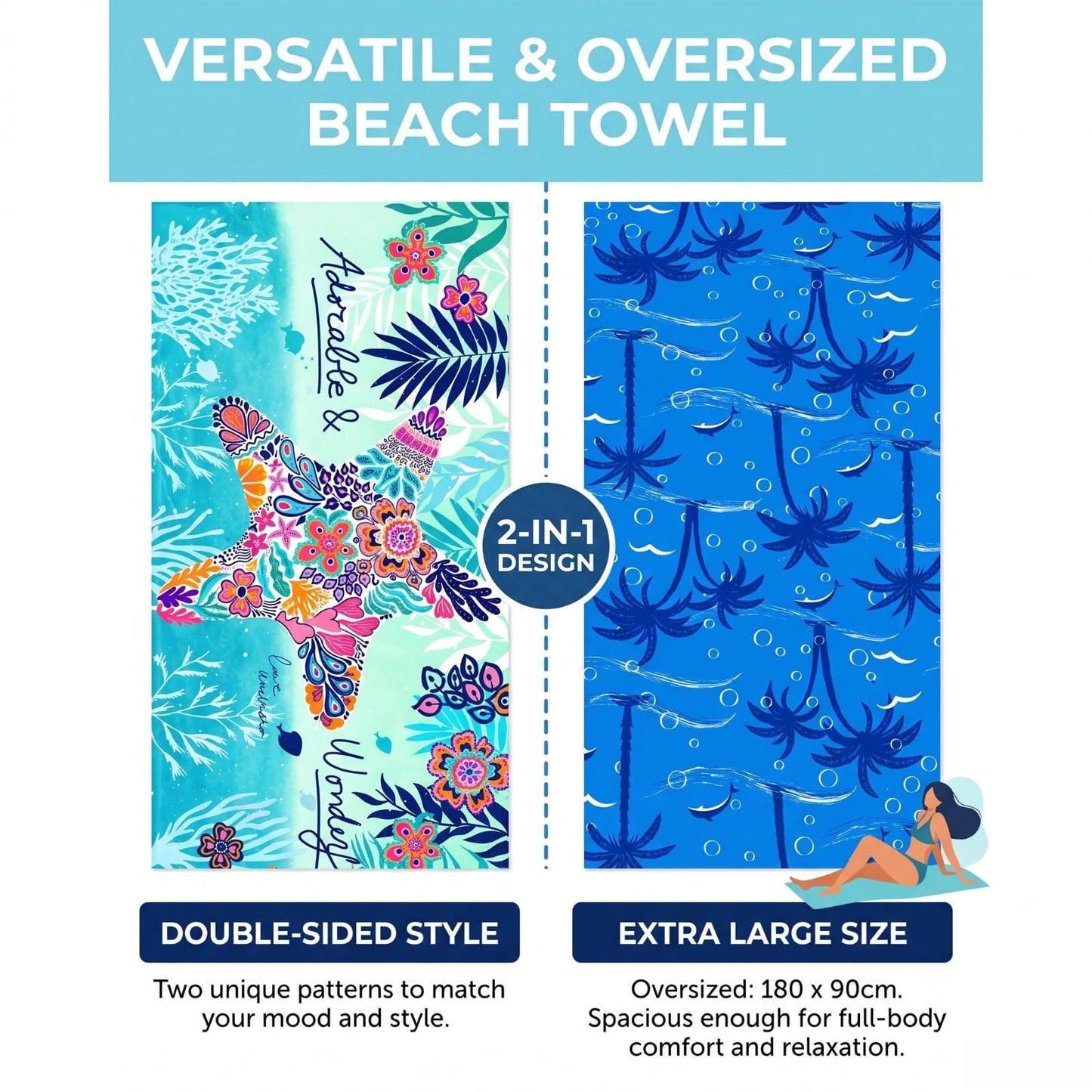 MXZWOC 2 Pack Microfibre Beach Towels, Extra Large 180 x 90 cm, Sand Free & Quick Dry Lightweight Travel Towels for Adults