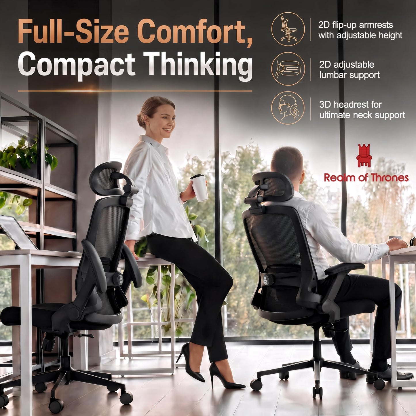 Realm of Thrones Ergonomic Office Chair, 2D Flip-Up Armrests, Small Spaces