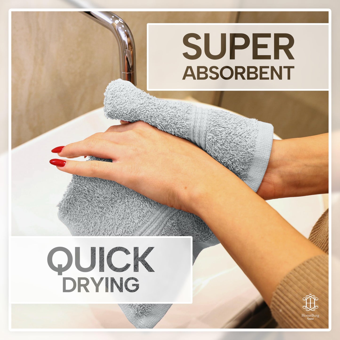 HomeBurg Luxe 12-Piece Washcloth Set - 100% Cotton, Soft & Absorbent, Easy Care, Premium Towels for Face & Daily Use, 30 x 30 cm, Ice Blue