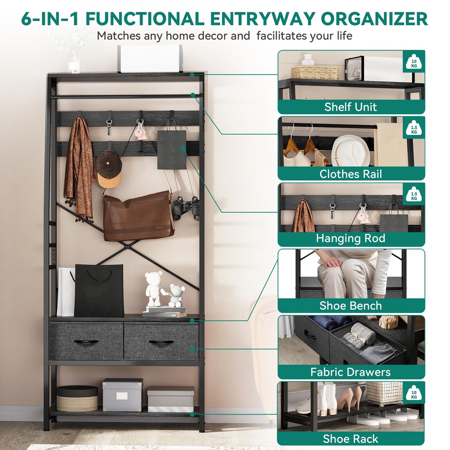 YITAHOME Coat Rack Stand with Shoe Storage, Floorstanding Hall Tree with Bench & 2 Foldable Drawers