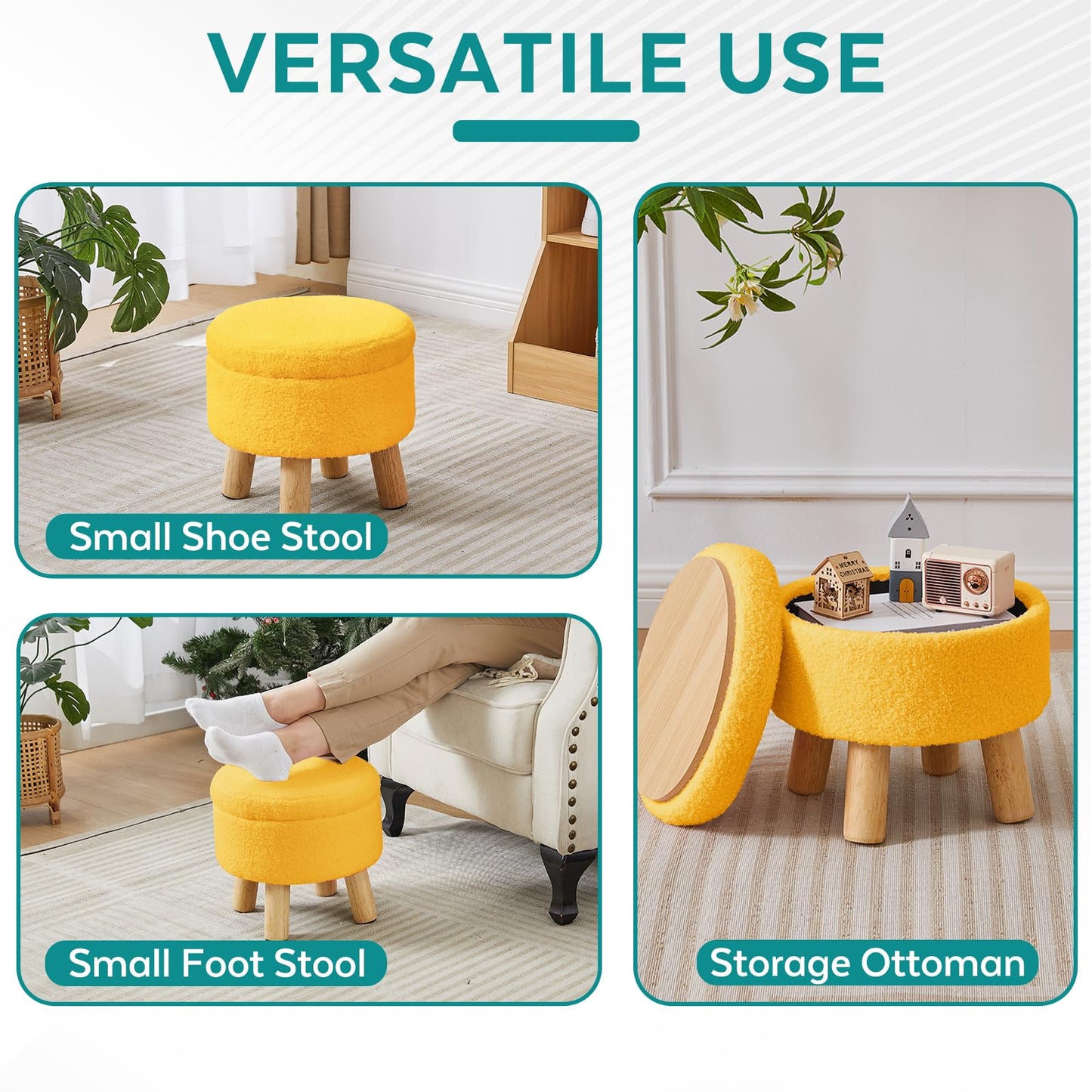 BRIAN & DANY Footstool with Storage, Small Storage Ottoman, Teddy Fleece Round Stool with Lid, Sherpa Foot Stool with Legs for Living Room Entryway