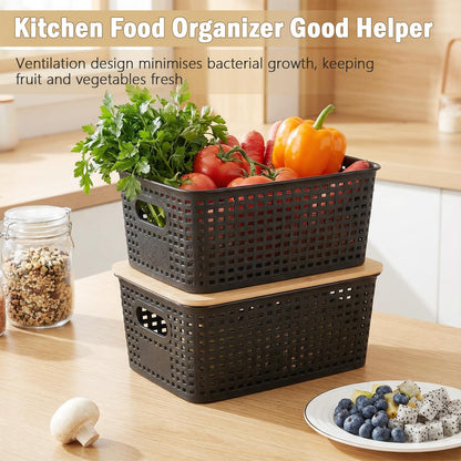Huiguli 6 Pack Black Plastic Storage Boxes with Bamboo Lid