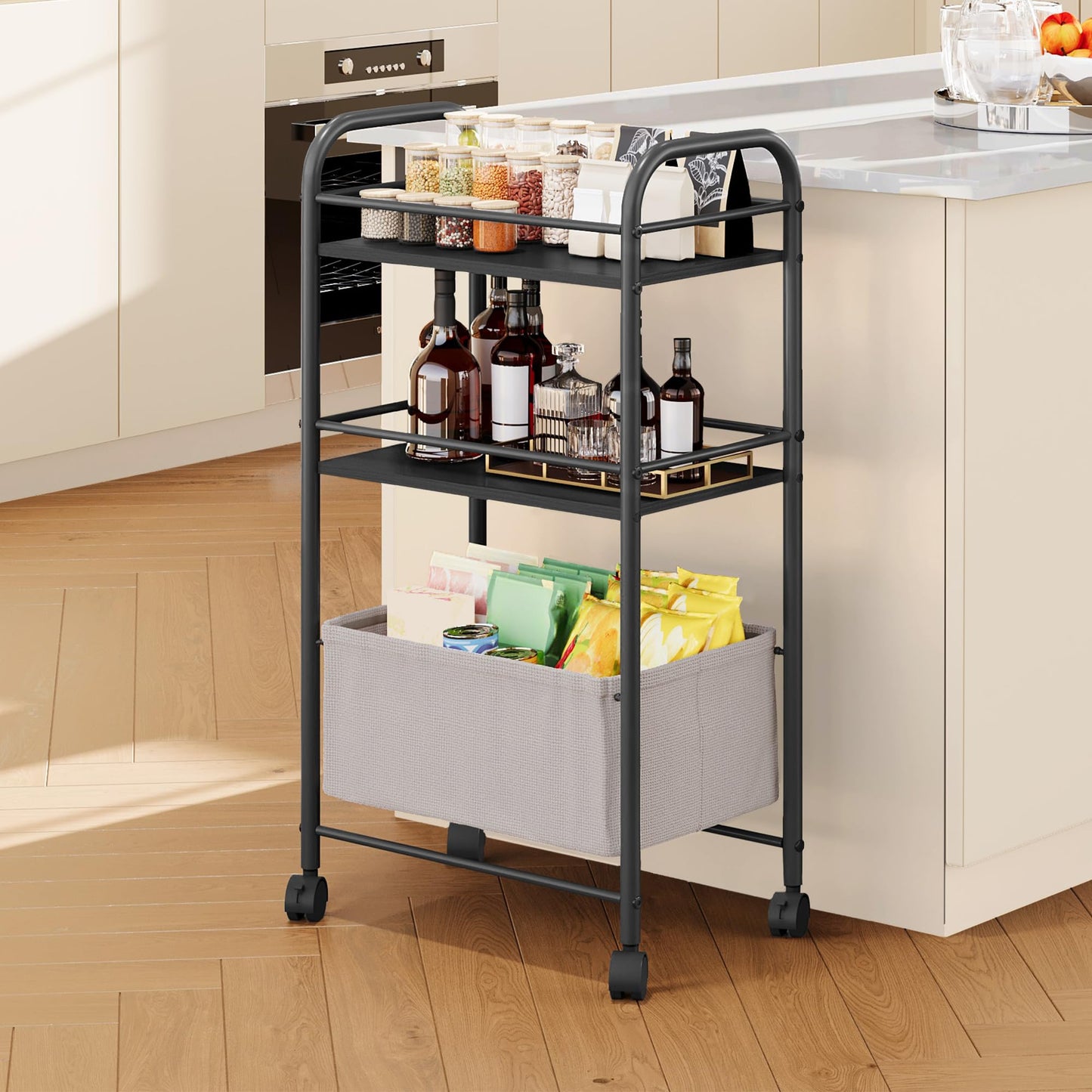 YITAHOME metal storage trolley on wheels, 3 Tier kitchen trolley, storage cart with Woven Basket, Lockable Wheels, Handle, book cart for office