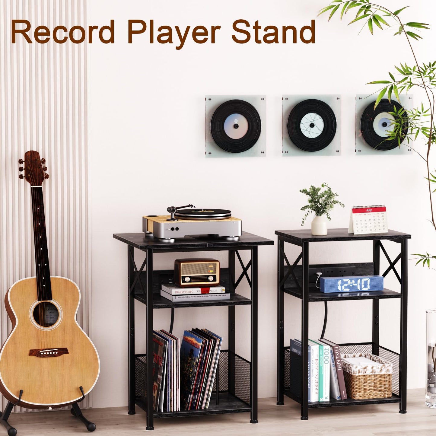 AMHANCIBLE Record Player Stand with Charging Station, Vinyl Record Storage