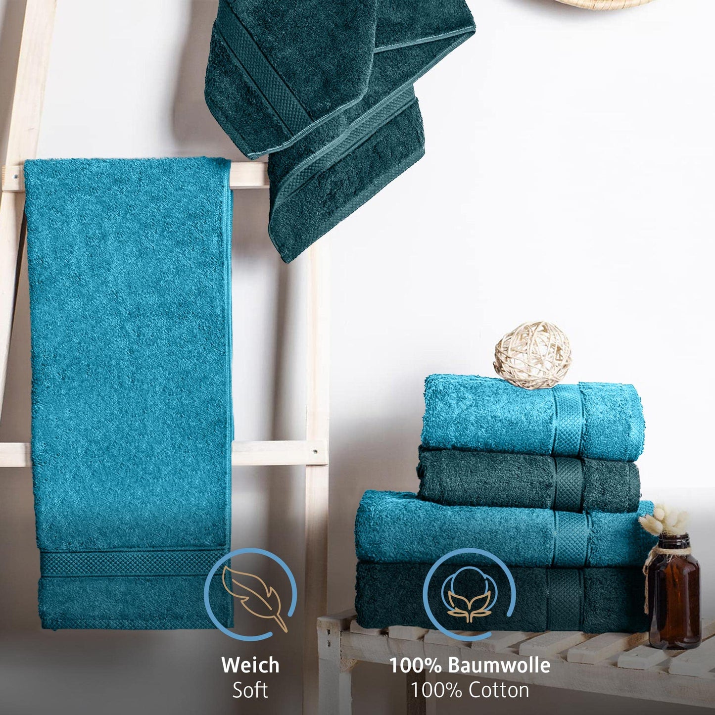 Komfortec Set of 8 Hand Towels 50 x 100 cm 100% Cotton 470 g/m² Terry Towelling Soft Petrol/Turquoise