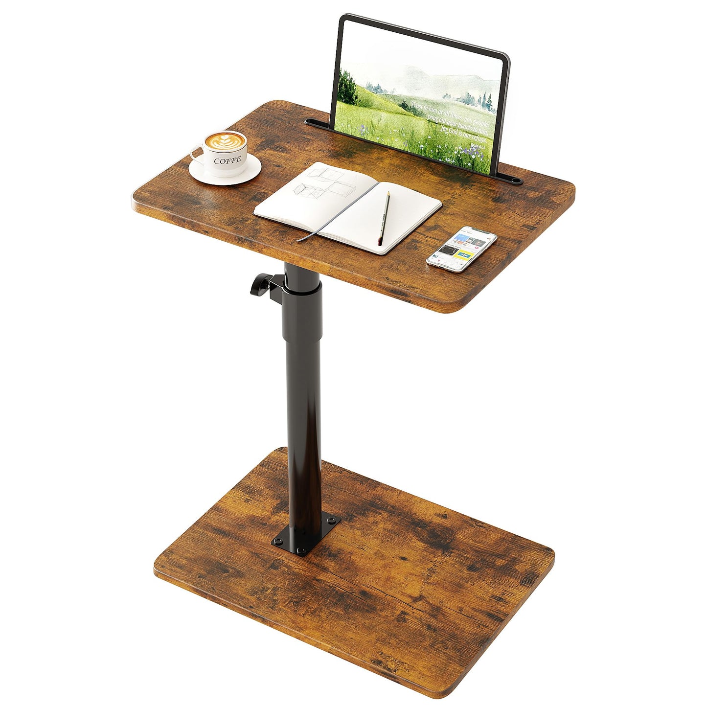 CAIYUN C Shaped Side Table, Height Adjustable Swivel 360° Rotating, Brown End Table for Small Spaces