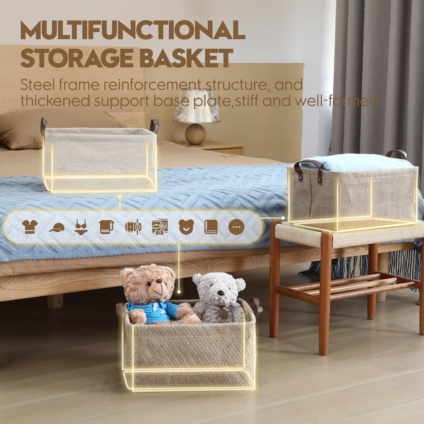 Sea Team Square Jute Storage Basket with Metal Frame 37x28x20cm
