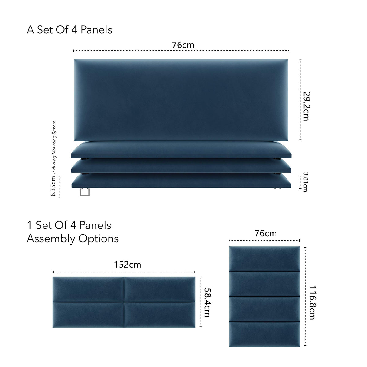 VANT Upholstered Accent Wall Panels - Packs of 4 - Easy to Install - Twin-King Size Headboard 76cm Wide, Plush Velvet Peacock Blue