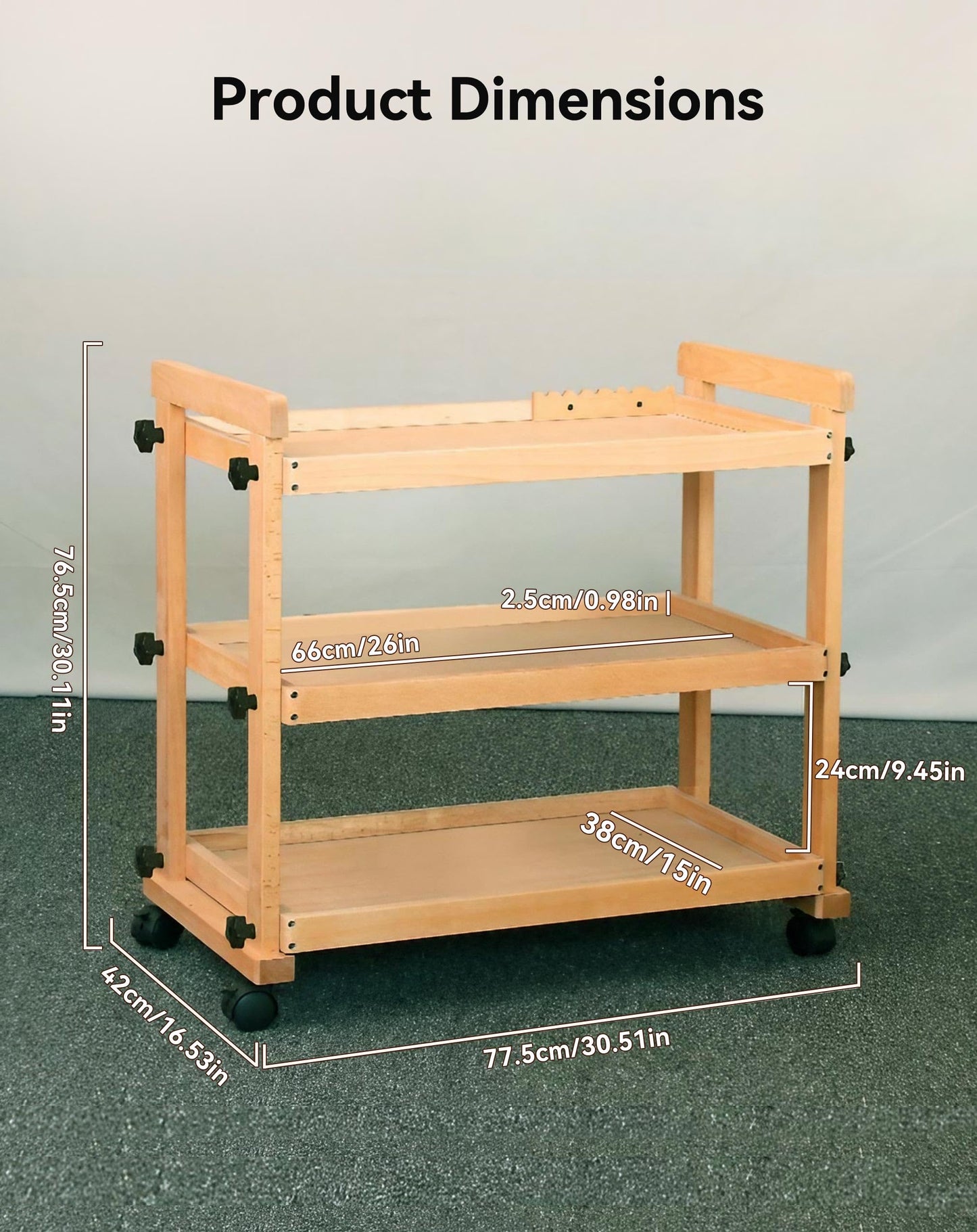 3-Tier Rolling Art Cart with Wheels, Solid Beechwood Studio Storage Organizer for Artists, Craft Supplies & Classroom
