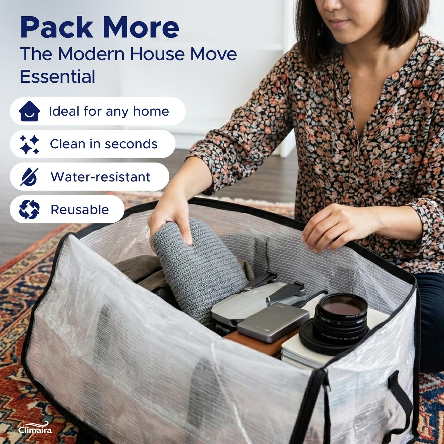CLIMAIRA Extra Large Clear Storage Bags | 6 Pack 95L Heavy Duty Moving & Packaging Bags | Water Resistant, Double Zip & Handles for Bedding, Clothes