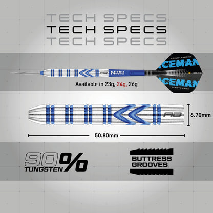 RED DRAGON Gerwyn Price Iceman Originals 24 Gram - Tungsten Steel Darts Set with Flights and Stems