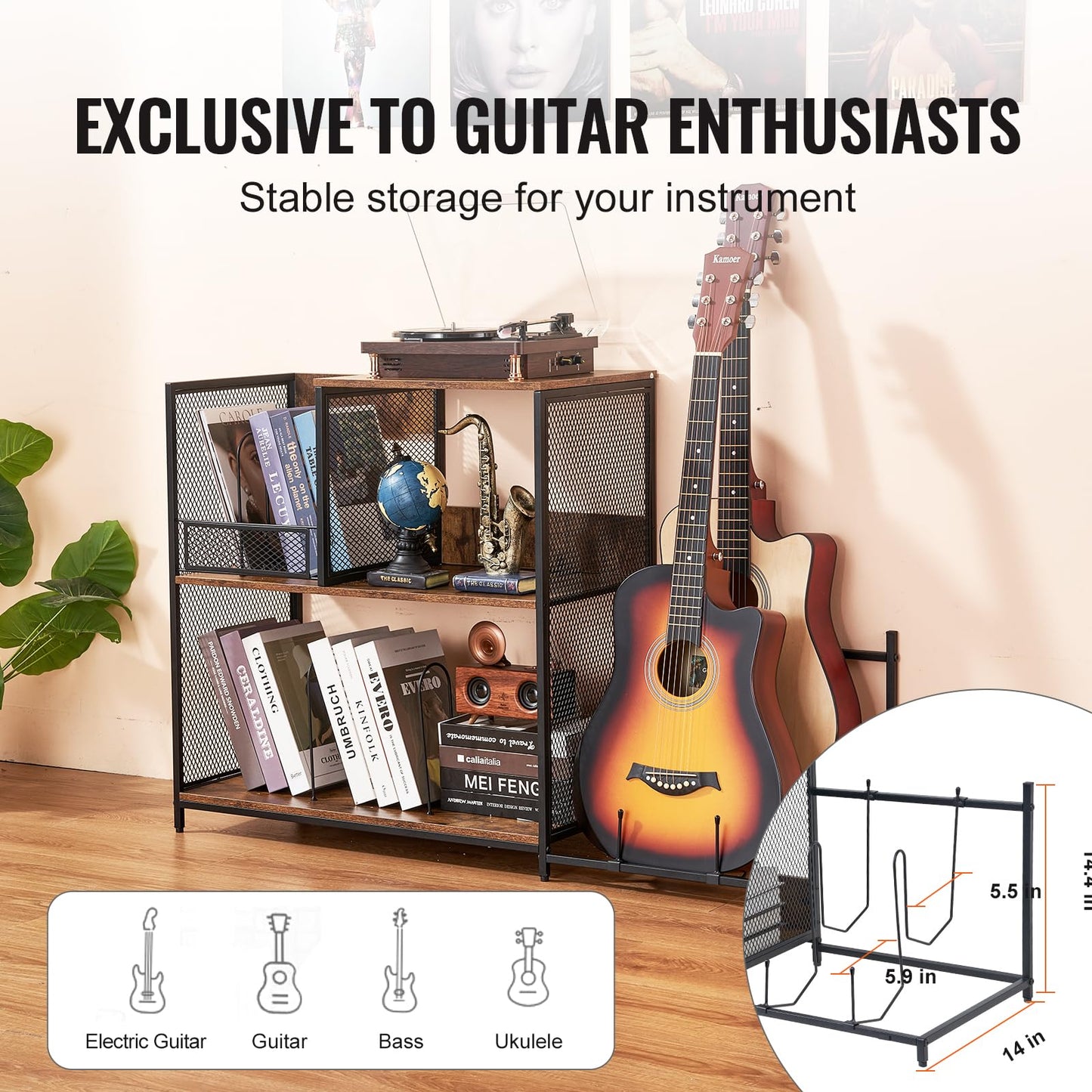 VEVOR 3-Tier Record Player Stand with Guitar Holder, Turntable Stand with Storage Holds Up to 300 Albums