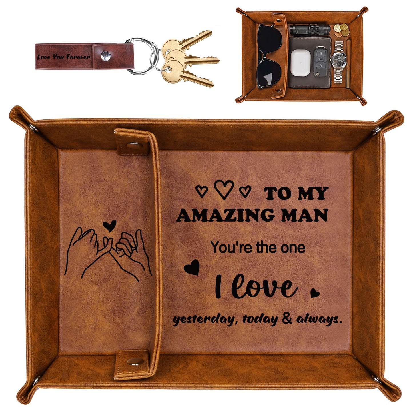 Bedside Organiser Gifts for Him, Mens PU-Leather Valet Tray Gifts, I Love You Gift Set for Husband Boyfriend