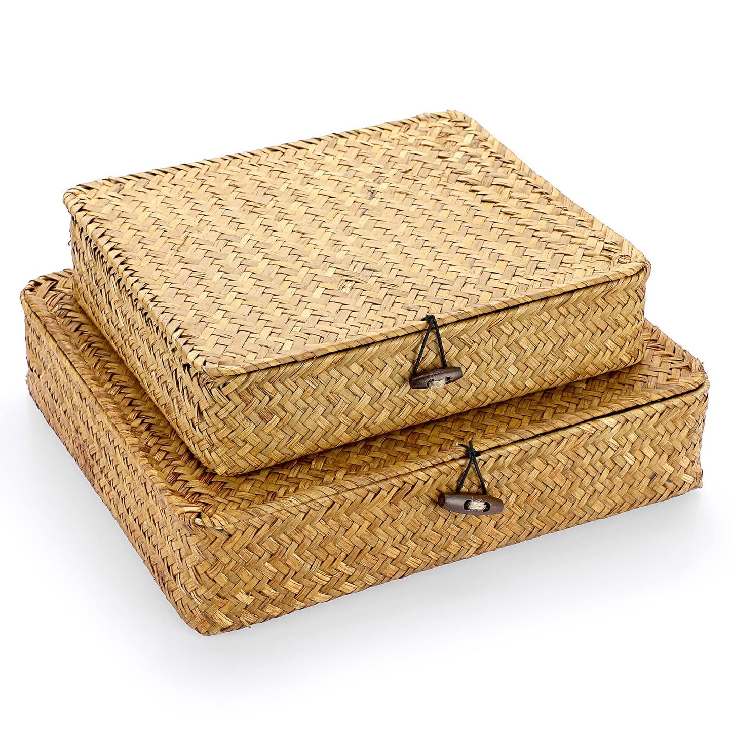 IGNPION Set of 2 Seagrass Storage Basket with Lid Flat Organiser Baskets for Shelf