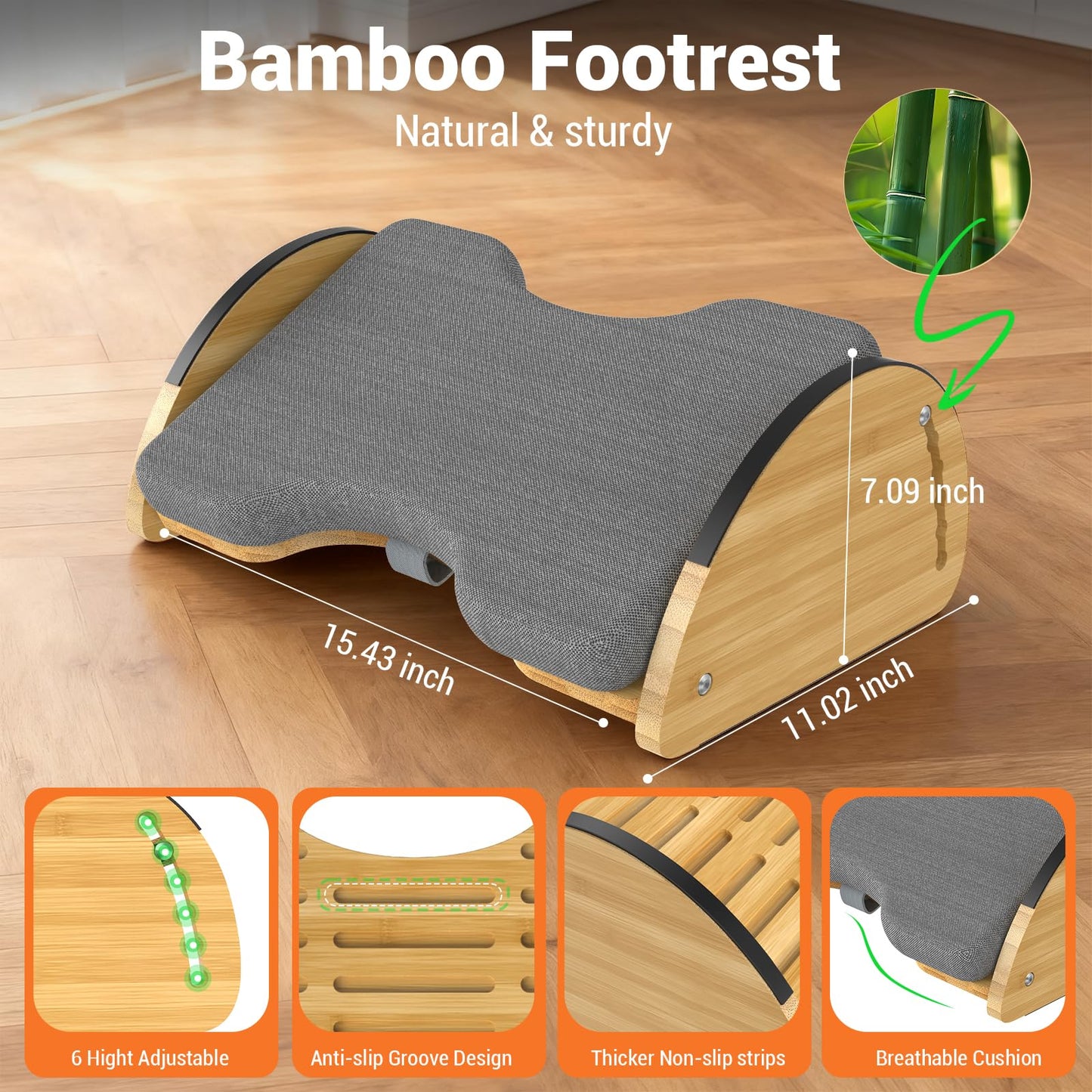 3-in-1 Under Desk Foot Rest, Adjustable Ergonomic Footrest for Office & Home, Bamboo Foot Stool with 6 Heights,Rocking & Cushion Modes