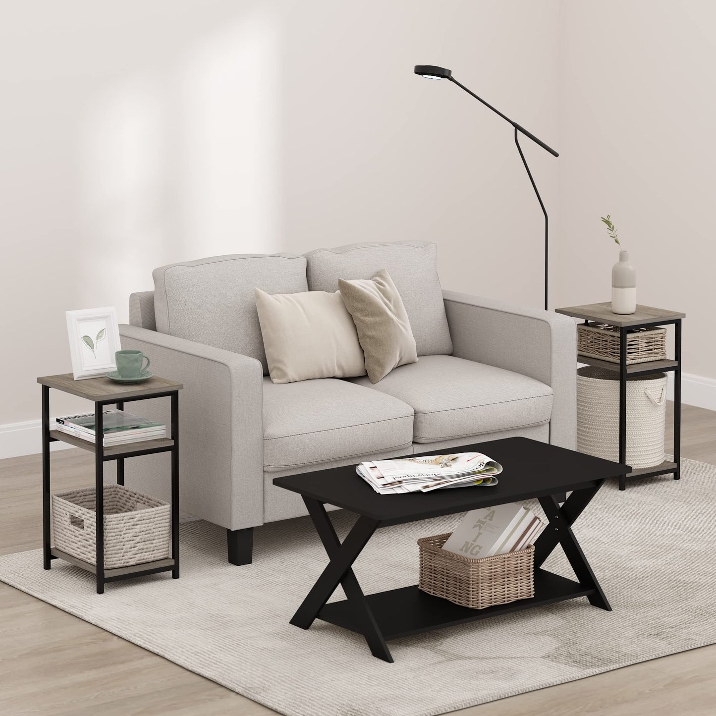 Furinno JUST Side Table Set of 2, 3-Tier Metal Frame End Table with Open Shelf, Night Stand, Bedside Table, for Living Room, Bedroom, French Oak