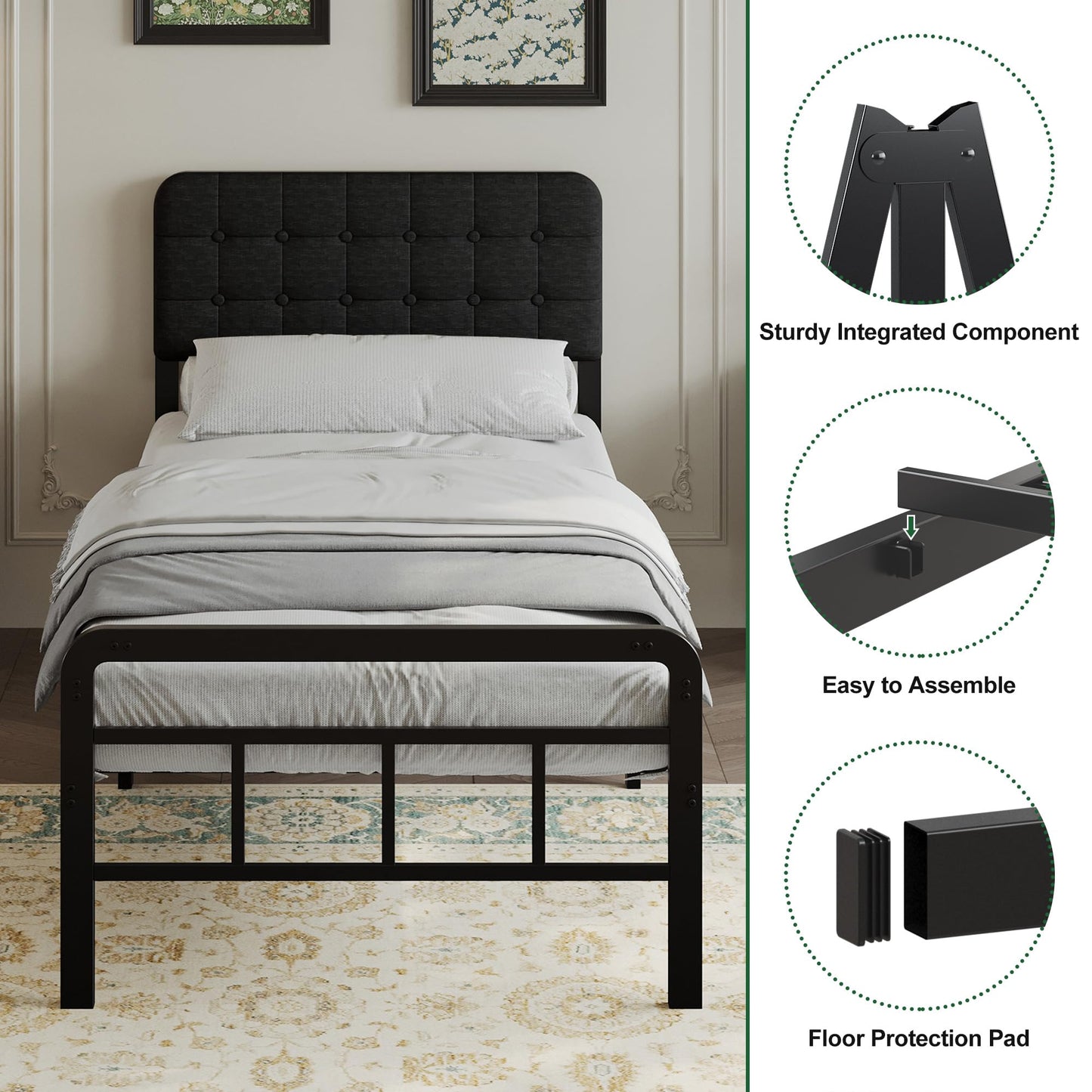 EMODA Small Single Bed Frame with Upholstered Headboard and Footboard,